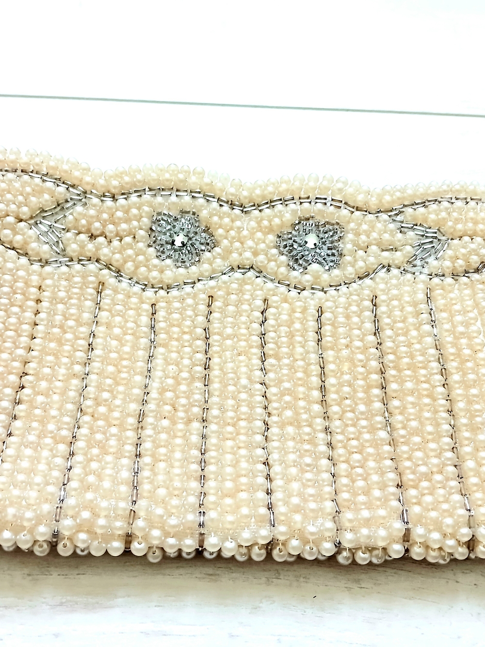 Vintage beaded small clutch, faux pearles/ glass beads, 6.5x4,Japan, mint